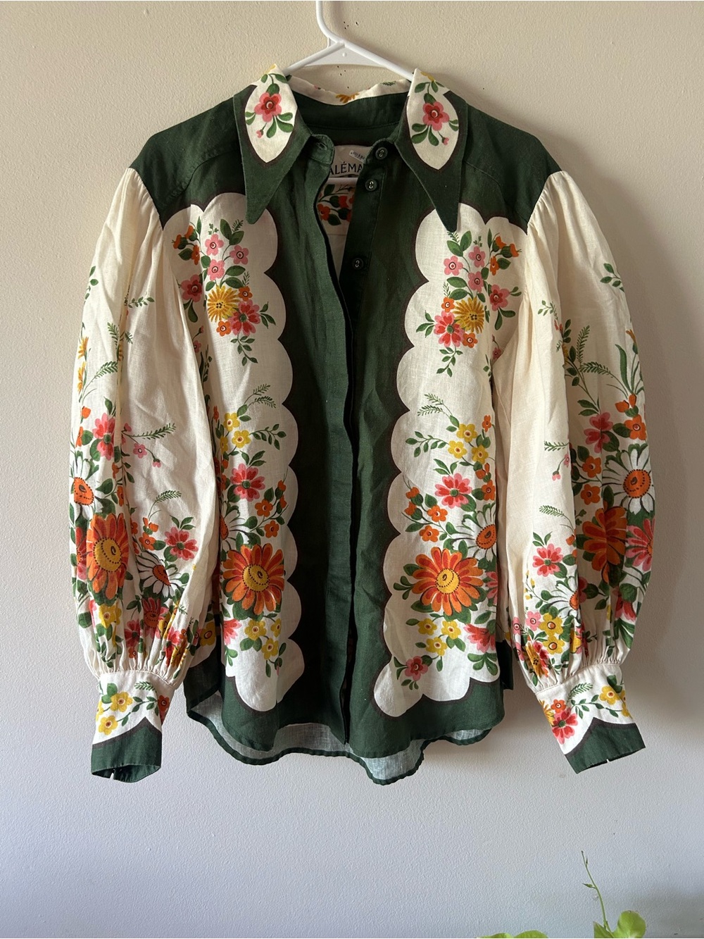 ALEMAIS Linen Floral Collared Long Sleeve Button-Up Blouse Top Women’s US 10